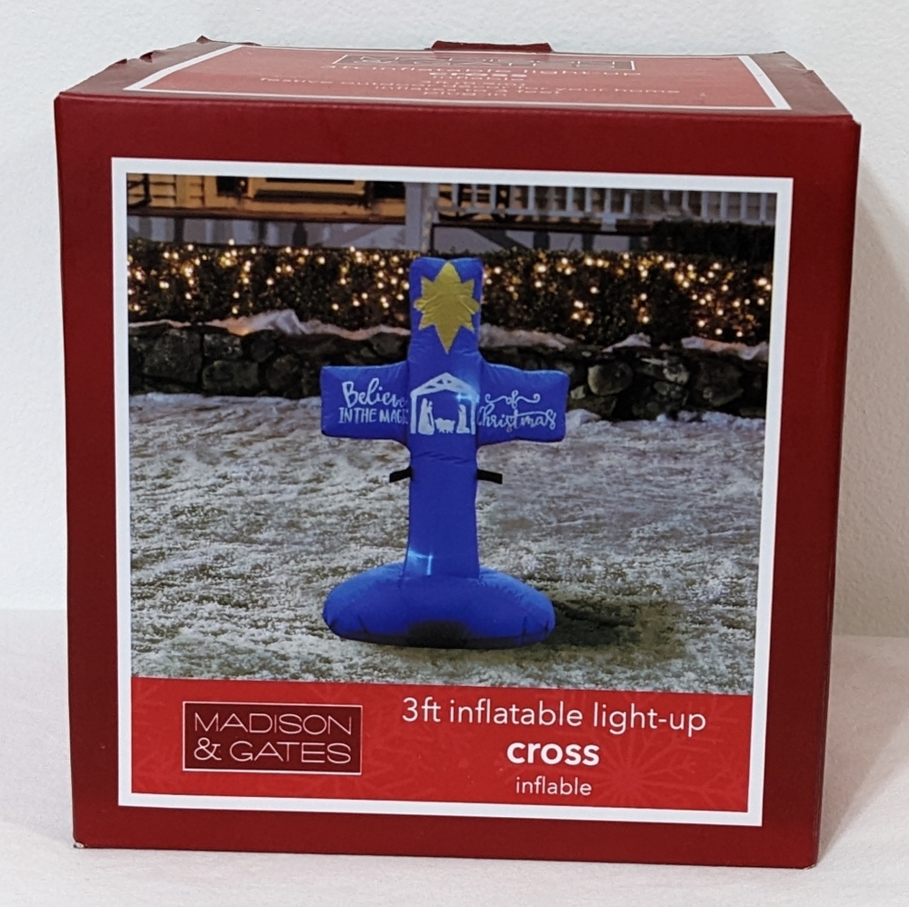 NEW 3 FT Light-Up Cross Inflatable Believe In The Magic Of Christmas Nativity